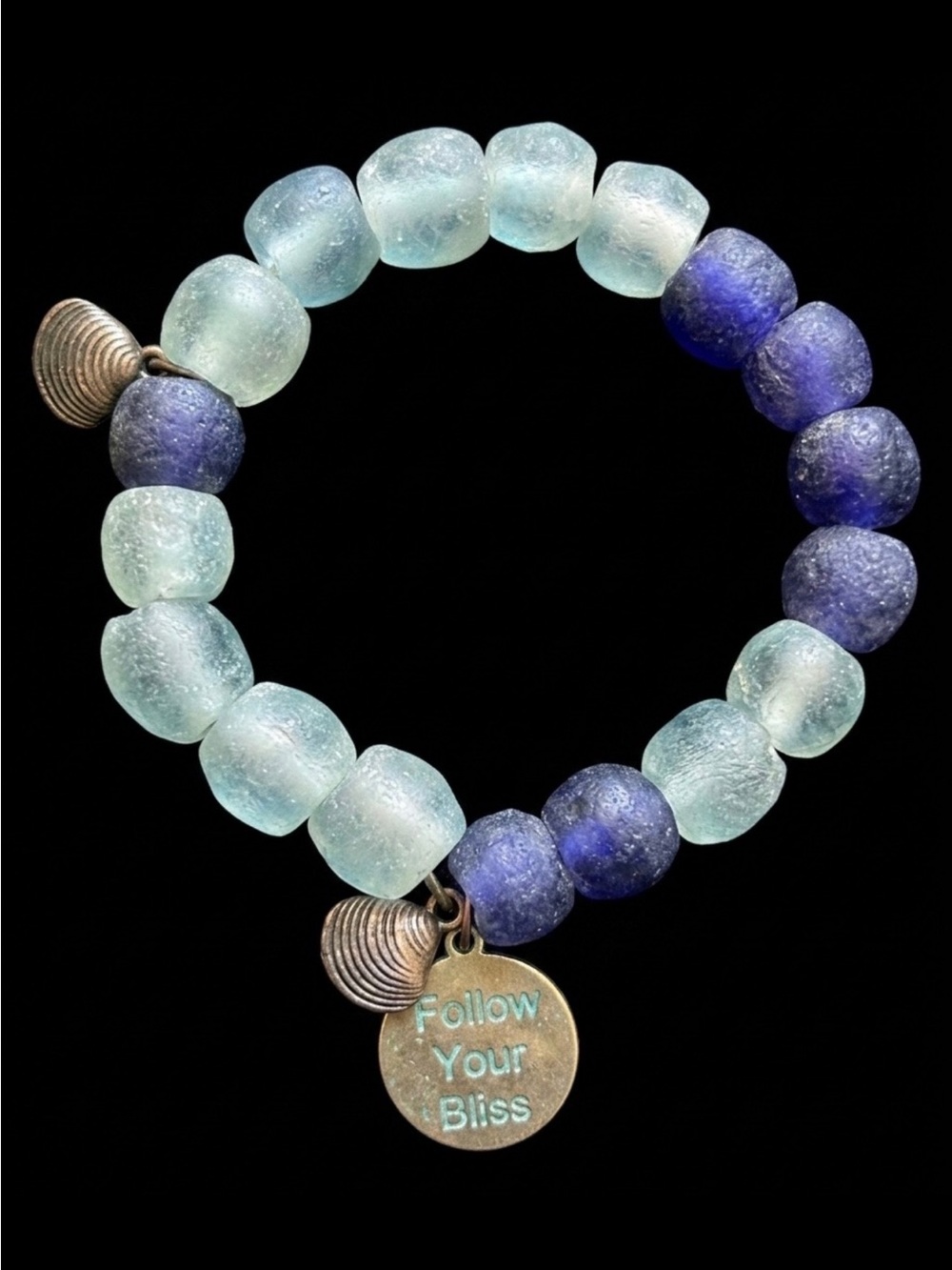 “Follow Your Bliss” Deep blue & Aqua Sea-glass Beaded Stretch Bracelet Beautiful